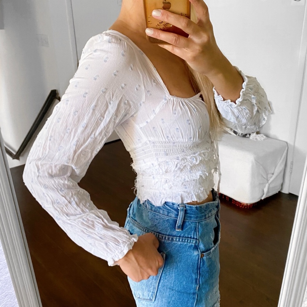 🐚 REBELLION BOHO WHITE BLUE DOTTED STRING LONG SLEEVE LAYERED RAW HEM CROP TOP! - Picture 3 of 12